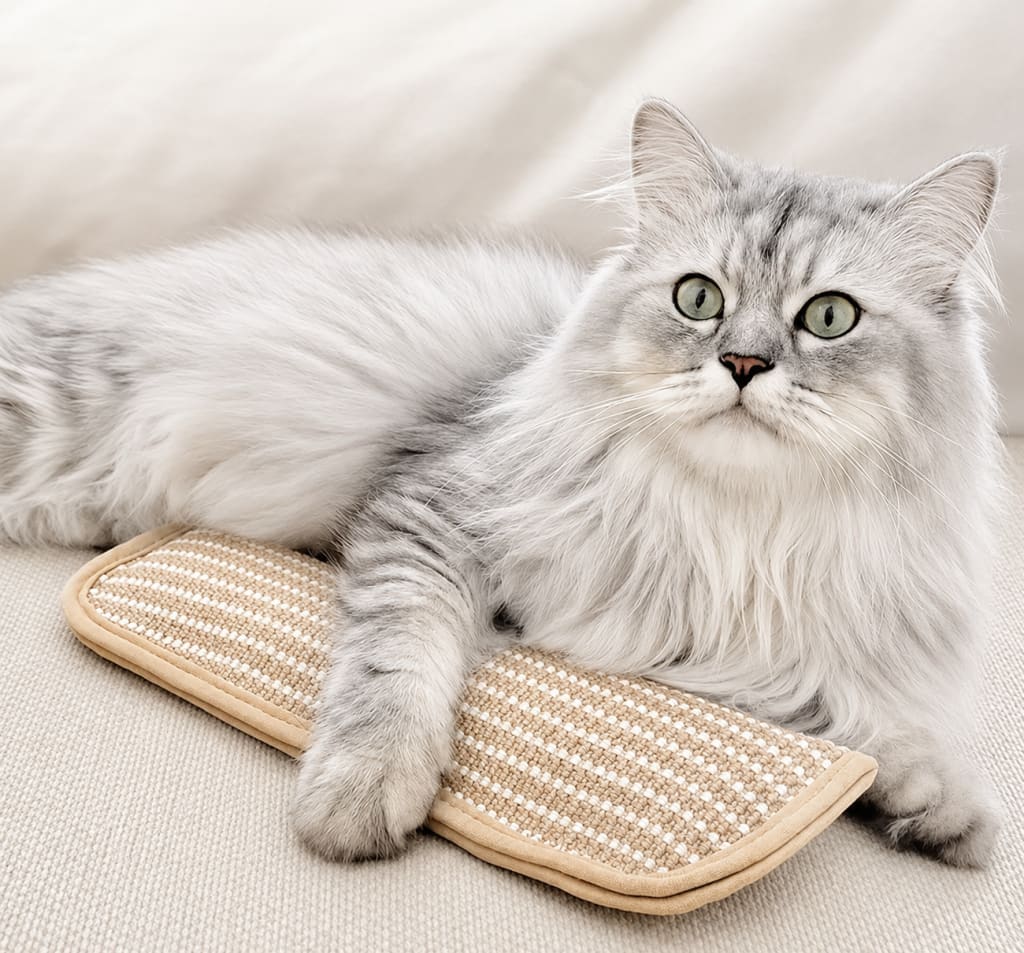 Fluffy grey cat lying on the KickPurr sisal pillow